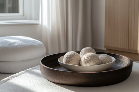 Soft, neutral tones highlight yarn balls resting in a bowl on a rustic wooden tray. Natural light streams through a window, creating a peaceful and inviting indoor setting.の素材