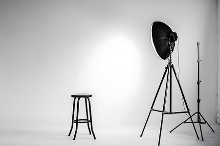 Black and white image depicting a simple studio setup. Features a strobe light on a stand, a metal stool, and an additional light stand against a clean white background.の素材