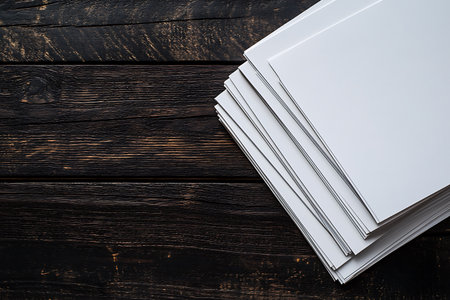 Stack of bright white paper against a richly textured dark wood background offers copy space. Perfect for graphic design, presentations, or marketing materials showcasing.の素材