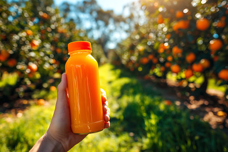 A close-up showcases a hand holding a bottle of vibrant orange juice against the bokeh backdrop of a sunlit orange orchard. The trees laden with ripe citrus fruits complement the juice's freshness.の素材