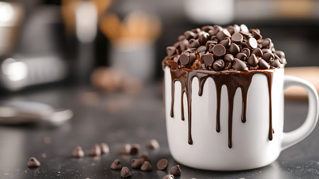 A decadent chocolate mug cake overflows with melted chocolate drips and an abundance of chocolate chips, set against a dark kitchen counter.の素材