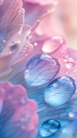 Detailed close-up captures transparent water droplets clinging to delicate, pastel pink and blue hydrangea petals. The image focuses on the texture and beauty of nature's details.の素材