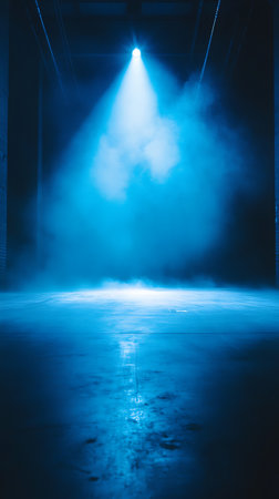 Ethereal scene featuring a bare industrial interior bathed in blue light. A single spotlight shines down, illuminating a thick fog that hangs in the air, creating a dramatic atmosphere.の素材