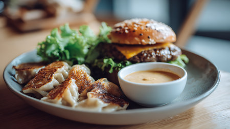 A mouthwatering cheeseburger topped with cheese and fresh lettuce, accompanied by crispy pan fried dumplings and a side of sauce.の素材