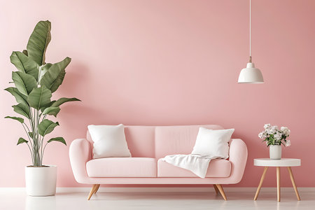 Modern living room showcases a pastel pink sofa with white pillows, complemented by a vibrant tropical plant and minimalist white accent table, set against a muted pink wall.の素材