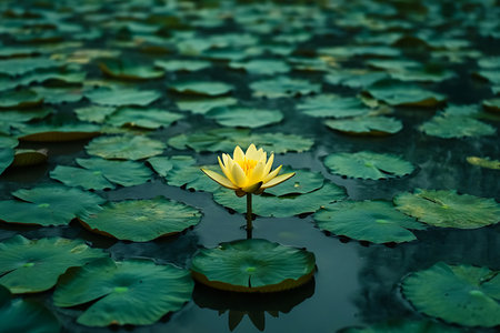 A solitary, bright yellow lotus rises from tranquil water, surrounded by numerous verdant lily pads. The scene offers a serene, aquatic, and natural, meditative view.の素材