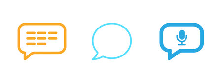 Set of three colored communication speech bubble icons on white background. This set features chat,...