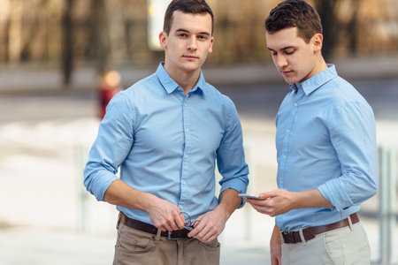 Two businessman talking about business with blur backgroundの写真素材