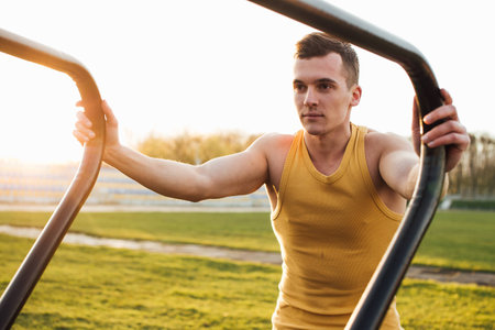 Man do workout at stadium area with sunshine background