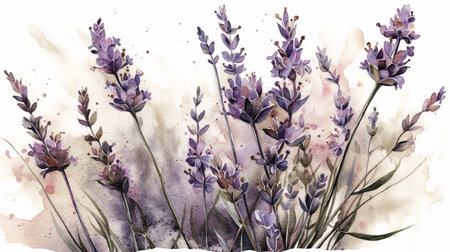 Watercolor lavender flowers. Hand drawn illustration on white background.の素材