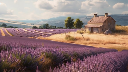 Lavender field with old farm house in the background, Provence, Franceの素材