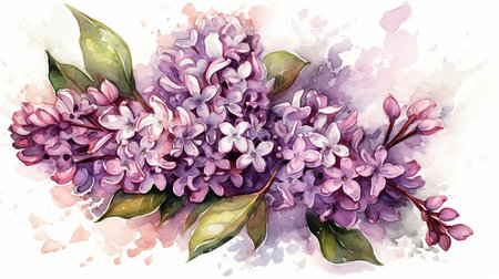 Branch of lilac flowers on a white background. watercolor illustrationの素材