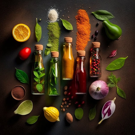 Various spices and herbs on black background. Food and cuisine ingredients.の素材