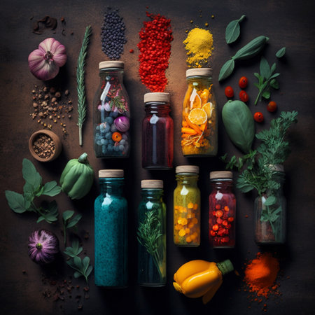 Spices and herbs in glass bottles on dark background. top view.の素材