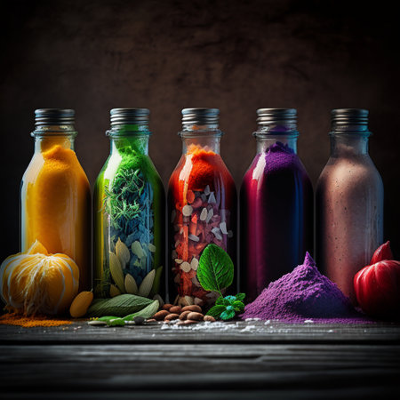 Assortment of colorful smoothies in glass bottles on dark wooden backgroundの素材