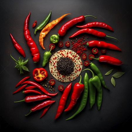 Flat lay composition with chili peppers on black background. top viewの素材