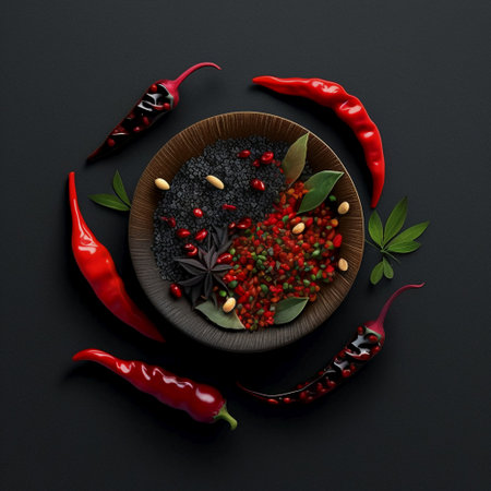 Top view of black and red chili pepper in wooden bowl on black backgroundの素材