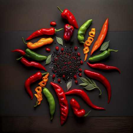 Hot chili peppers on black wooden background. top view, flat layの素材