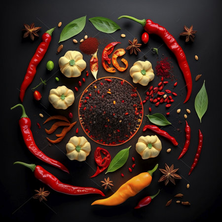 Spices and herbs on black background. Food and cuisine ingredients.の素材