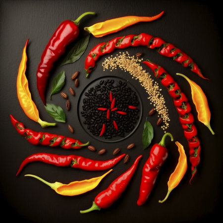 Red and yellow hot chili peppers on a black plate on a black backgroundの素材