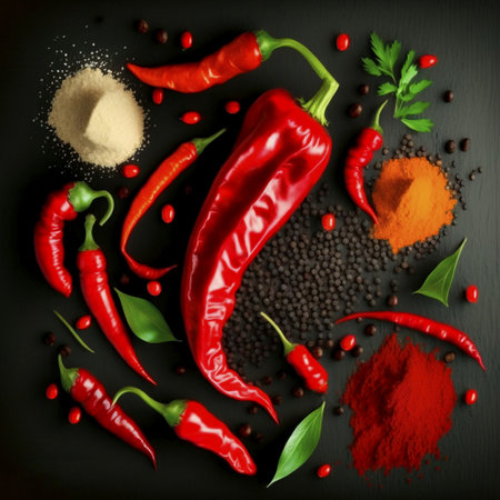 Red hot chili peppers, spices and herbs on a black background.の素材