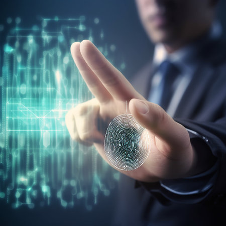Close up of businessman touching fingerprint on virtual screen with finger print conceptの素材