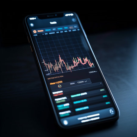 Smartphone with stock market chart on screen. financial trading concept.の素材