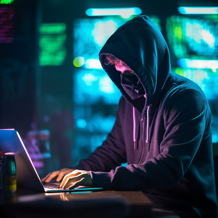 Hooded hacker stealing data from a laptop in a dark roomの素材