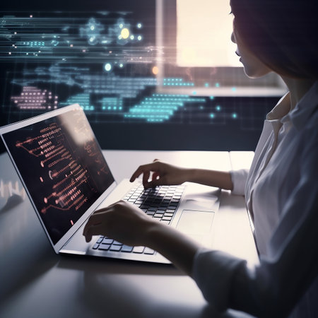 Side view of businesswoman using laptop with abstract glowing code interface. technology conceptの素材