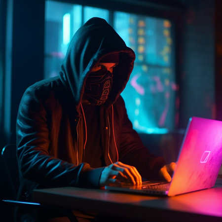 Hacker in mask using laptop at night. cybercrime concept.の素材