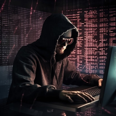 Hooded hacker in front of a computer monitor with binary codeの素材