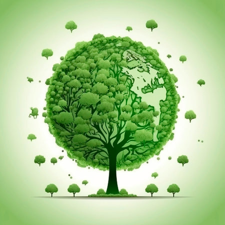 Ecology concept with green tree on green background. vector illustration.の素材