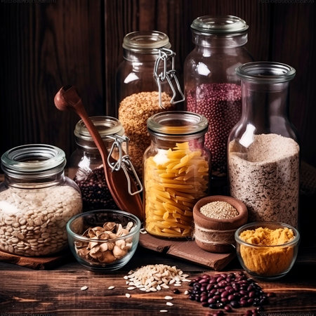 Different types of grains and cereals in glass jars on wooden backgroundの素材