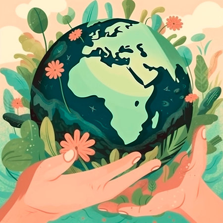 Illustration of a hand holding a planet earth with flowers and plantsの素材
