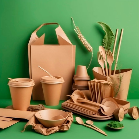 Eco-friendly disposable tableware and paper bags on green backgroundの素材