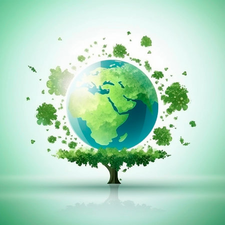 Ecology concept with green tree and planet earth. vector illustration.の素材
