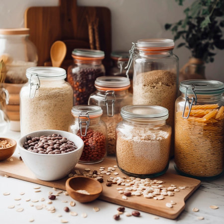 Different types of beans in glass jars and wooden spoons on kitchen tableの素材