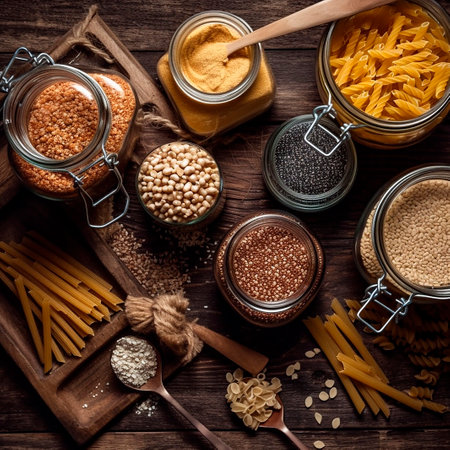 Variety of gluten free pasta in glass jars on wooden background.の素材
