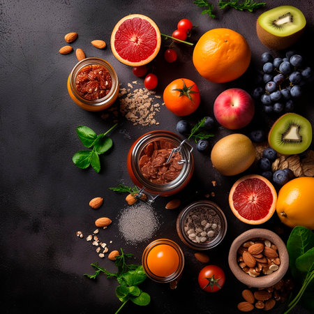 Healthy food background with fruits and berries, top view, copy spaceの素材