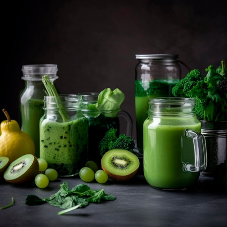 Healthy green smoothie with spinach, kiwi, banana and broccoli in glass jars on black backgroundの素材