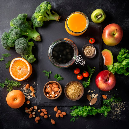 Healthy food background. Fruits and vegetables on black table. top viewの素材