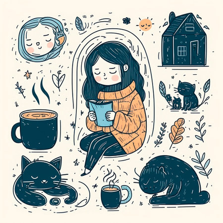 Cute hand drawn vector illustrations with cat, house, girl and cat.の素材