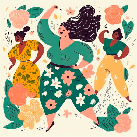 Vector illustration of a group of happy women dancing and having fun.の素材
