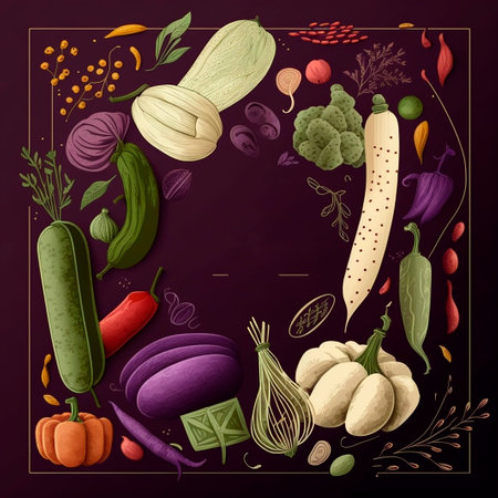 vegetable banner. Vector illustration of fresh vegetables on dark background.の素材