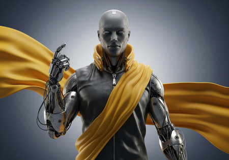 3D rendering of a male robot with a yellow cape on a gray backgroundの素材