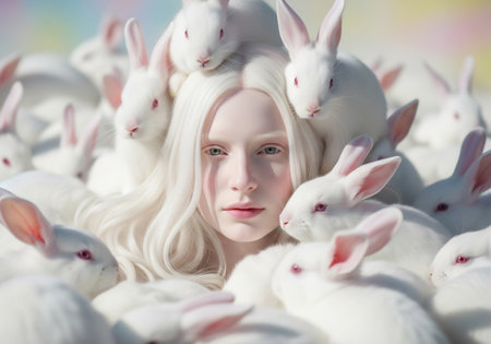 Portrait of a beautiful woman with white hair surrounded by white rabbitsの素材