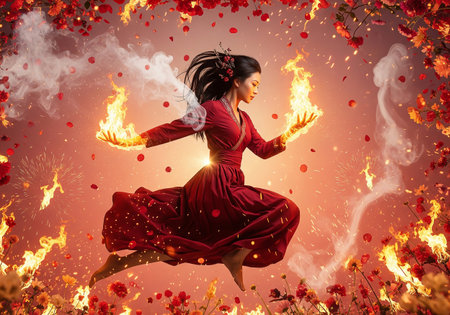 Flaming woman in red dress flying in the air with fireの素材
