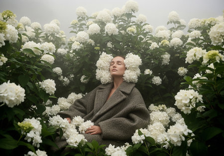 Beautiful young woman wrapped in a blanket among white hydrangeasの素材