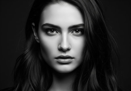 Black and white portrait of a beautiful young woman. Beauty, fashion.の素材