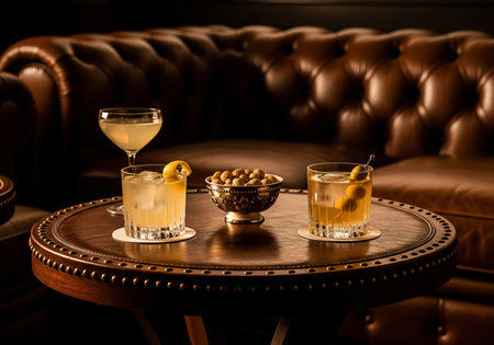 Two glasses of martini and olives on a round wooden tableの素材